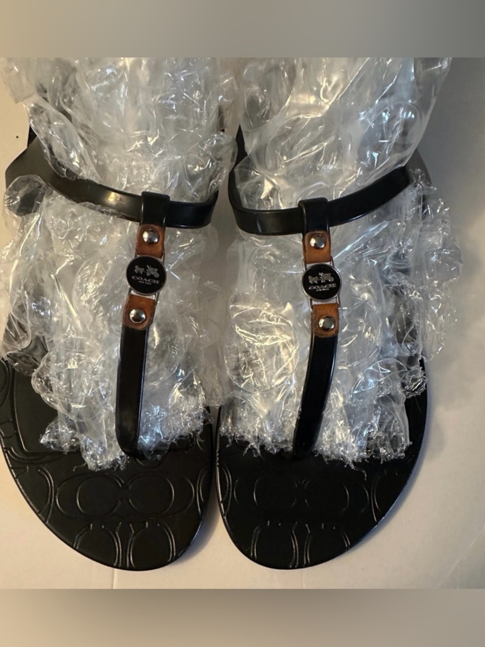 Coach Piccadilly Black T-Strap Logo Sandals*Sz~7*